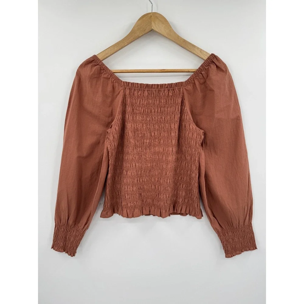 Madewell Top XXS Rust Orange Lucie Bubble-Sleeve Smocked Romantic Cottagecore